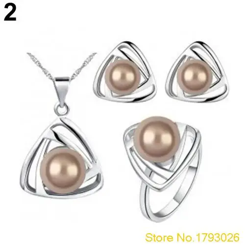 Silver Bronze Pearl Элегантные женские шикарные свадебные украшения из жемчуга Набор Треугольный кулон ожерелье серьги кольцо 4TGI - Окраска металла: Silver Bronze Pearl