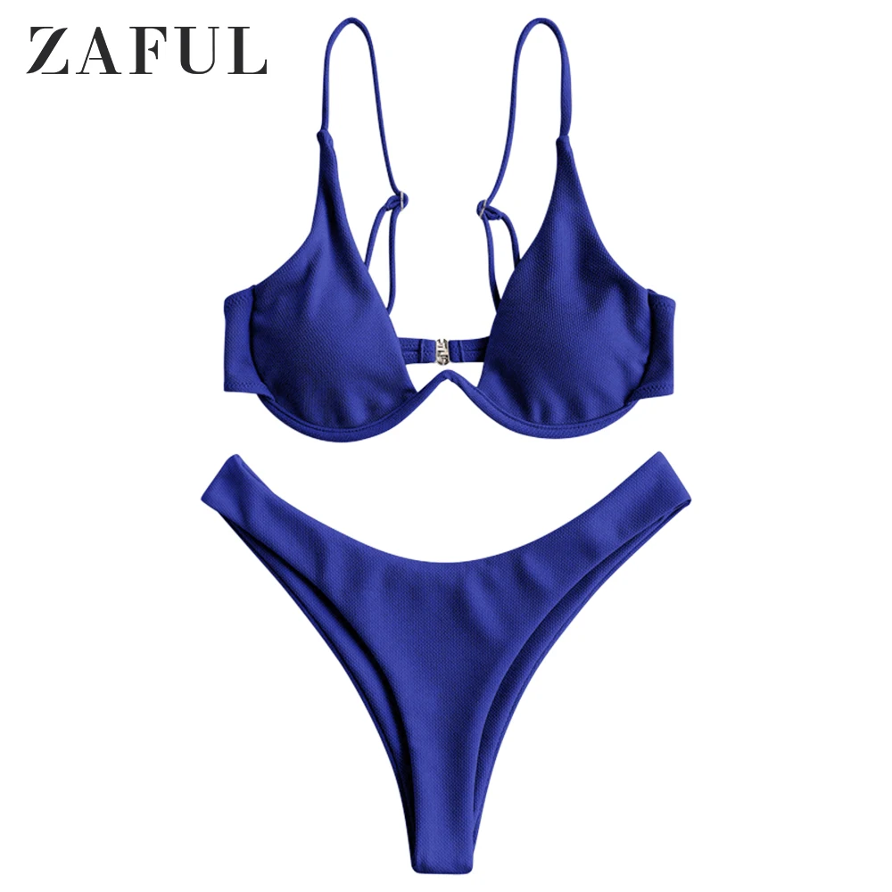 ZAFUL, сексуальный комплект бикини с глубоким вырезом, комплект бикини на косточках, купальный костюм с глубоким вырезом на бретельках, мягкие женские купальники, костюм с высоким вырезом - Цвет: Blueberry Blue