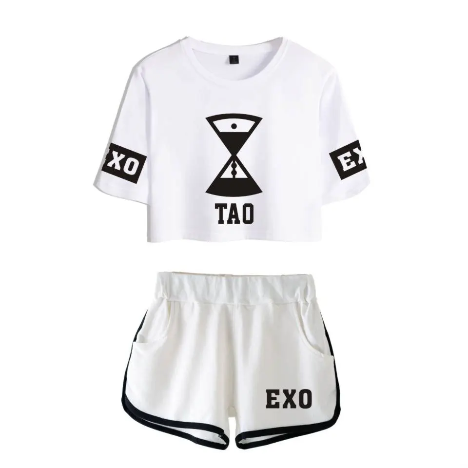 EXO 2018 Cool Casual Two Piece Set Women T shirt Kpop Fashion Print Suit Summer Sexy Cotton Crop Tops + Shorts Pants |