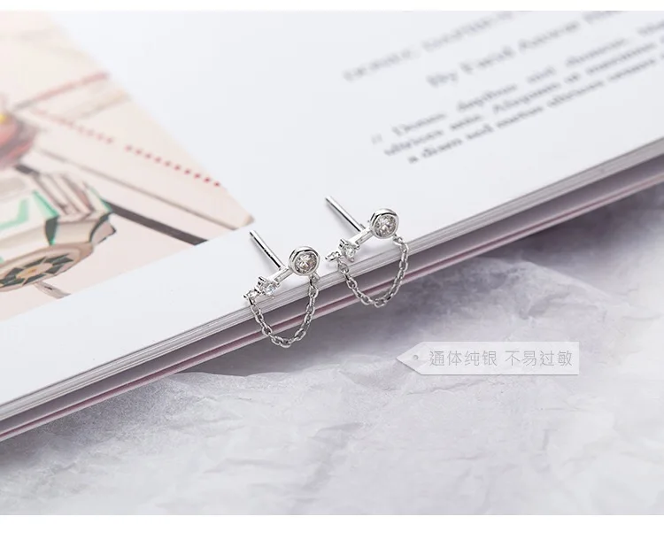 Серьги из стерлингового серебра S925, модные серьги-гвоздики с цирконием, прямые серьги-гвоздики, цепочка для ушей, трендовая индивидуальность для девушек, серебряные серьги, ювелирные изделия