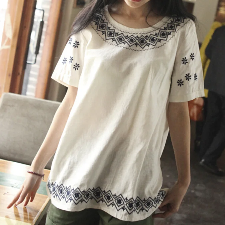 2021 New Hot Sale Summer Kimono Blouse Embroidered Short Sleeves Loose Blusas Cotton Linen Fashion Shirt Cheap Clothes China