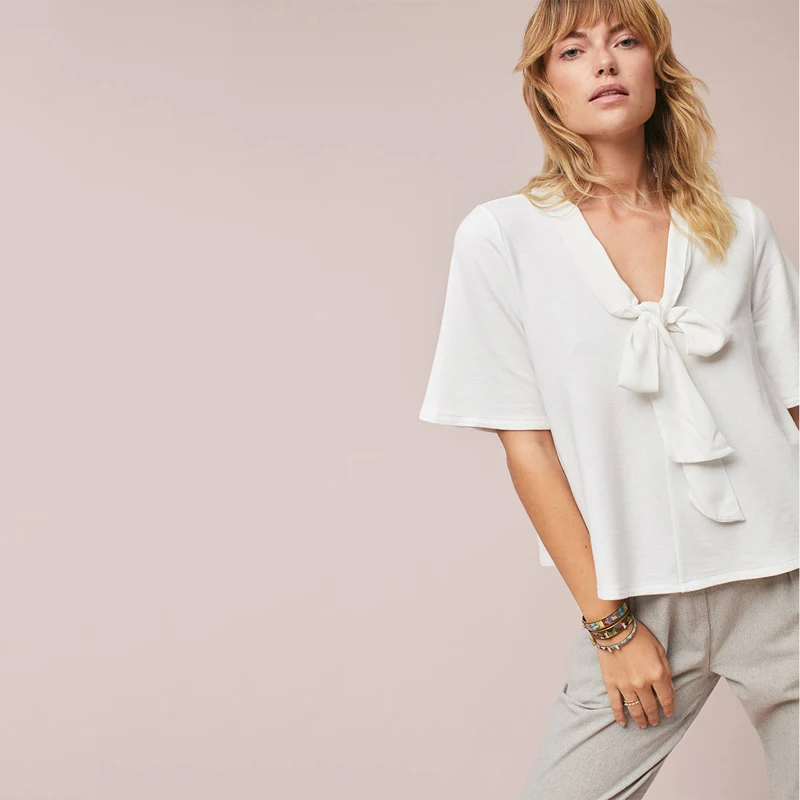 HDY HaoDuoYi Fashion Women T-shirt Solid White Lace-up Neck Short Sleeve Shirt Casual V Top Ladies Loose T-shirts | Женская одежда