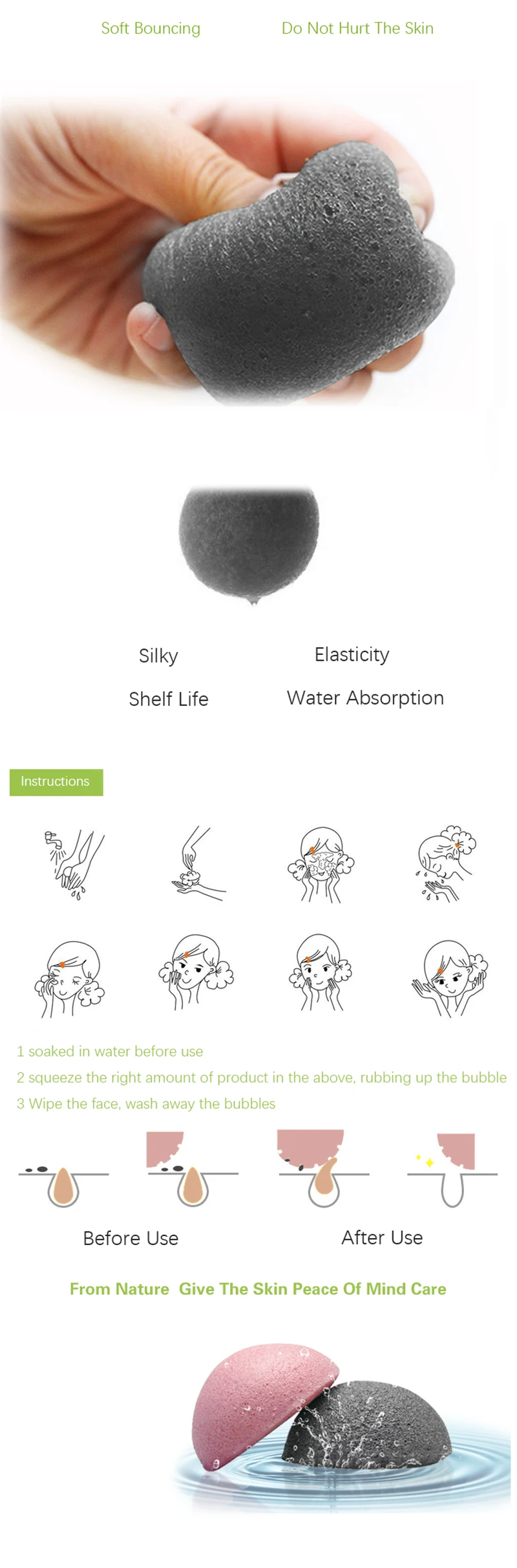 70*40 спонж для умывания полукруг сухой натуральный giantarum konjac sponge konnyaku для очищения лица, отшелушивания, купания