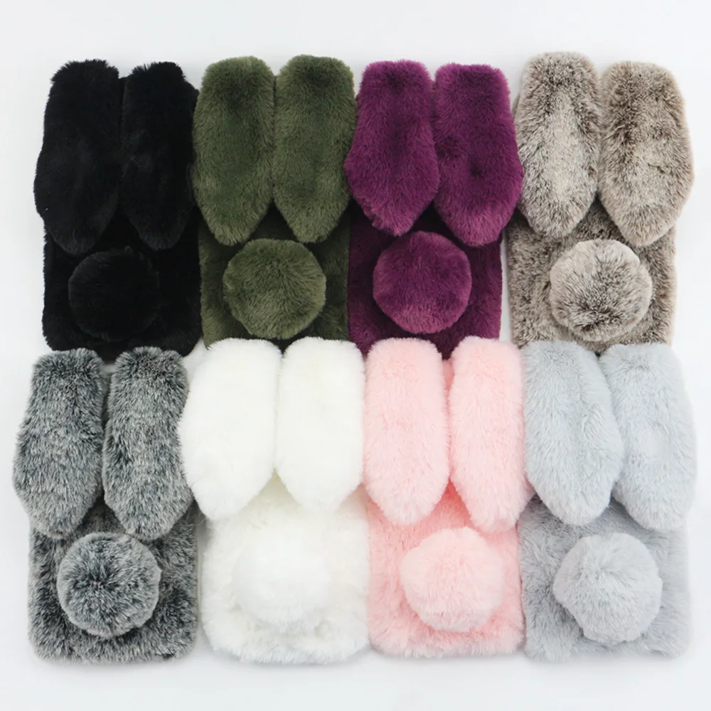 JONSNOW 3D Soft Rabbit Fur Case for iPhone X 7 8 Cute Rhinestone Plush Bunny Cover XS XR 5 5S SE 6S 7P Plus |