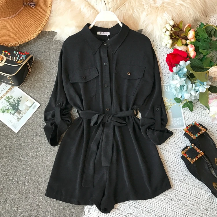 ALPHALMODA, Осенний женский однобортный комбинезон с длинными рукавами, откидной карман, высокая талия, пояс, Женский Повседневный однотонный комбинезон