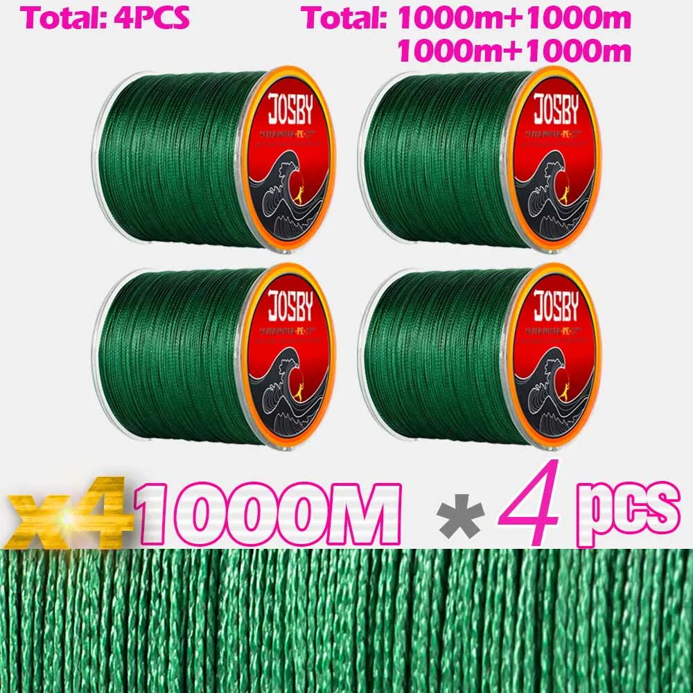 X4-1000M-Green-4psc JOSBY, 12 шт., 300 м, 500 м1000м, плетеная леска, многофиламентная, PE, 4 и 8 нитей, рыболовный шнур, 12 лб-80 фунтов, мощная Японская Технология - Цвет: X4-1000M-Green-4psc