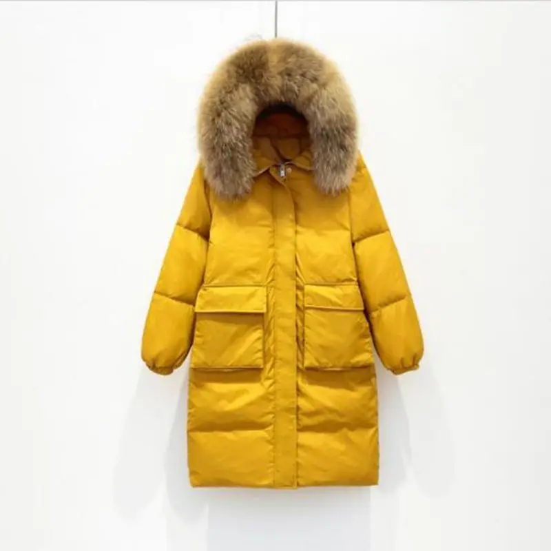 2021 зимнее теплое длинное пальто для женщин натуральной меховой воротник Белые