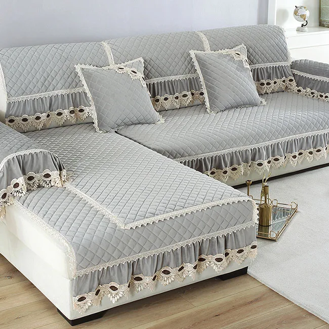 grey-1 piece Европейские Роскошные Чехлы для диванов для гостиной, секционный плюшевый чехол, Кружевной декор, угловой чехол для дивана, полотенце, защитная мебель для дома - Цвет: grey-1 piece