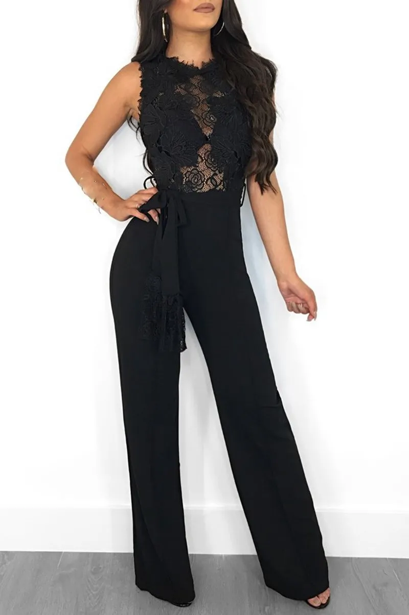 Женский комбинезон без рукавов с кружевной аппликацией повседневный поясом
