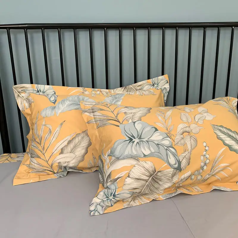 Набор постельного белья из чистого хлопка с темно-листьями и желтым фоном набор