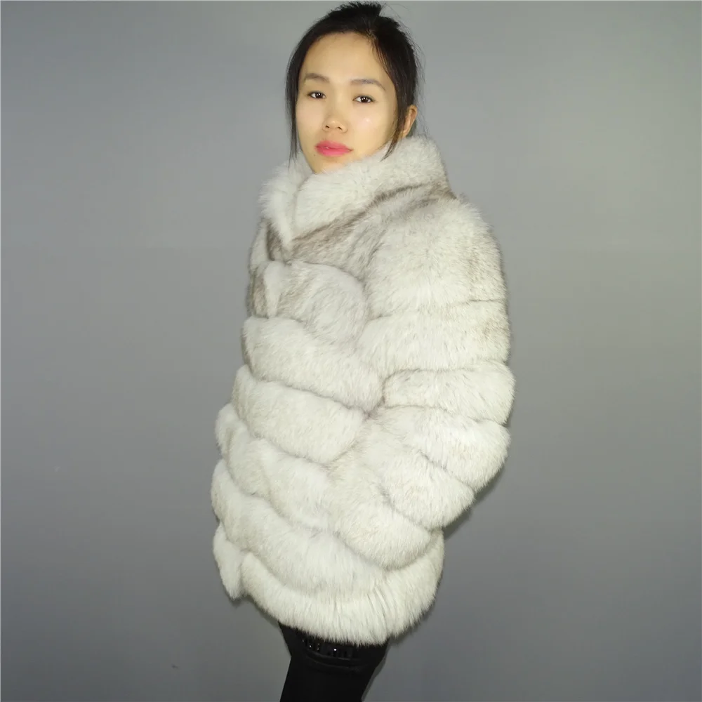 Real Nature White Blue Fox Fur Vertical stripes patchwork stripe coat outwear long jacket parka Winter Trench Stand up Collar | Женская