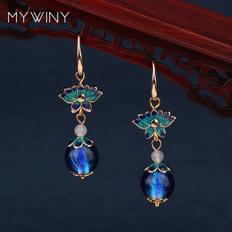 MYWINY новые модные ювелирные изделия медные ювелирные изделия Перегородчатые цветы серьги для женщин, китайский ветер глазированное Стекло Серьги