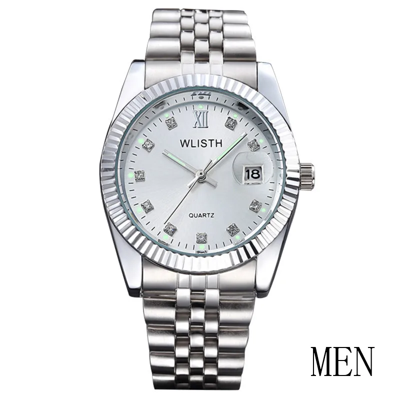 men silver white Парные часы wlith, Топ бренд, роскошные часы для мужчин и женщин, кварцевые часы, Авто Дата, модные повседневные часы для влюбленных, нержавеющая сталь, Relogio - Цвет: men silver white