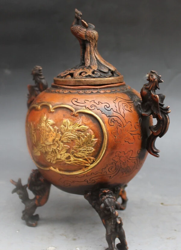 ZSR bi002583 9&quot Marked Chinese Fengshui Bronze Gilt Phoenix Lion incense burner Censer Statue | Дом и сад