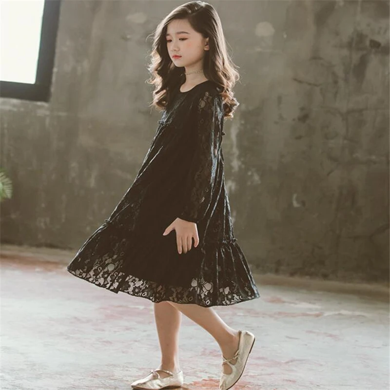 Autumn Dresses Girls 2019 New White Black Red Lace Long Sleeve Dress For 4 to 12 Years Sweet Fashion Fall Clothing | Детская одежда и
