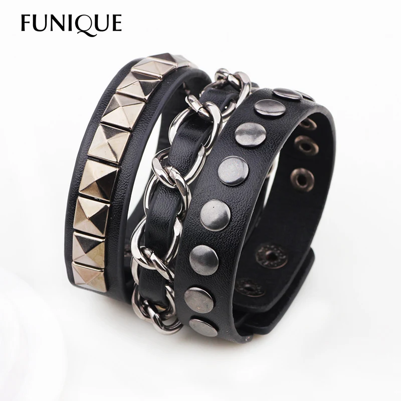 Мужской браслет с заклепками FUNIQUE черный кожаный в стиле хип-хоп застежкой на