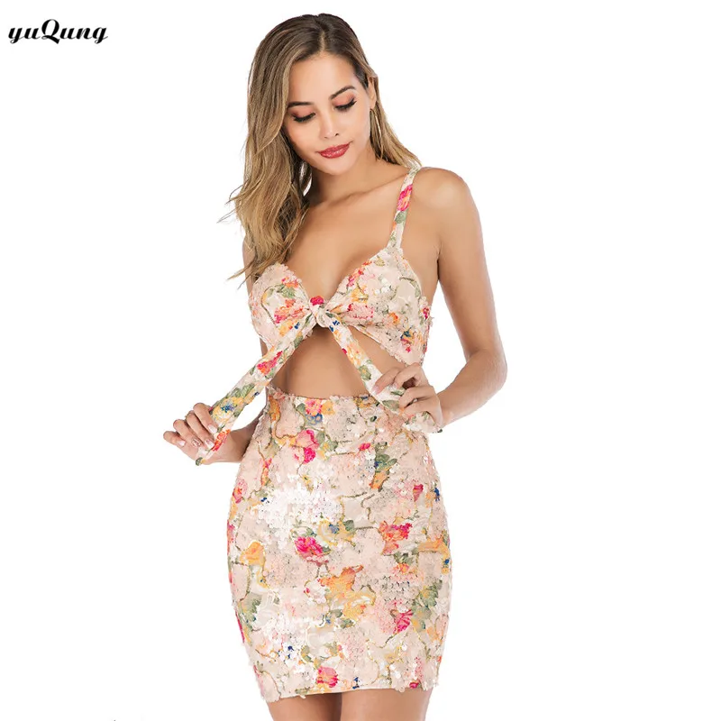 yuqung Strap Floral Sequins short Dress Ladies Evening Party Luxury Mini lace up Club wedding package hip bodycon dress |