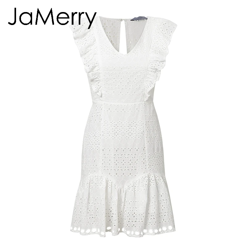 JaMerry, винтажное, белое, кружевное, хлопковое, с вышивкой, женское платье, гофрированное, весна-лето, мини-платье, сексуальные, вечерние, короткие платья, vestidos