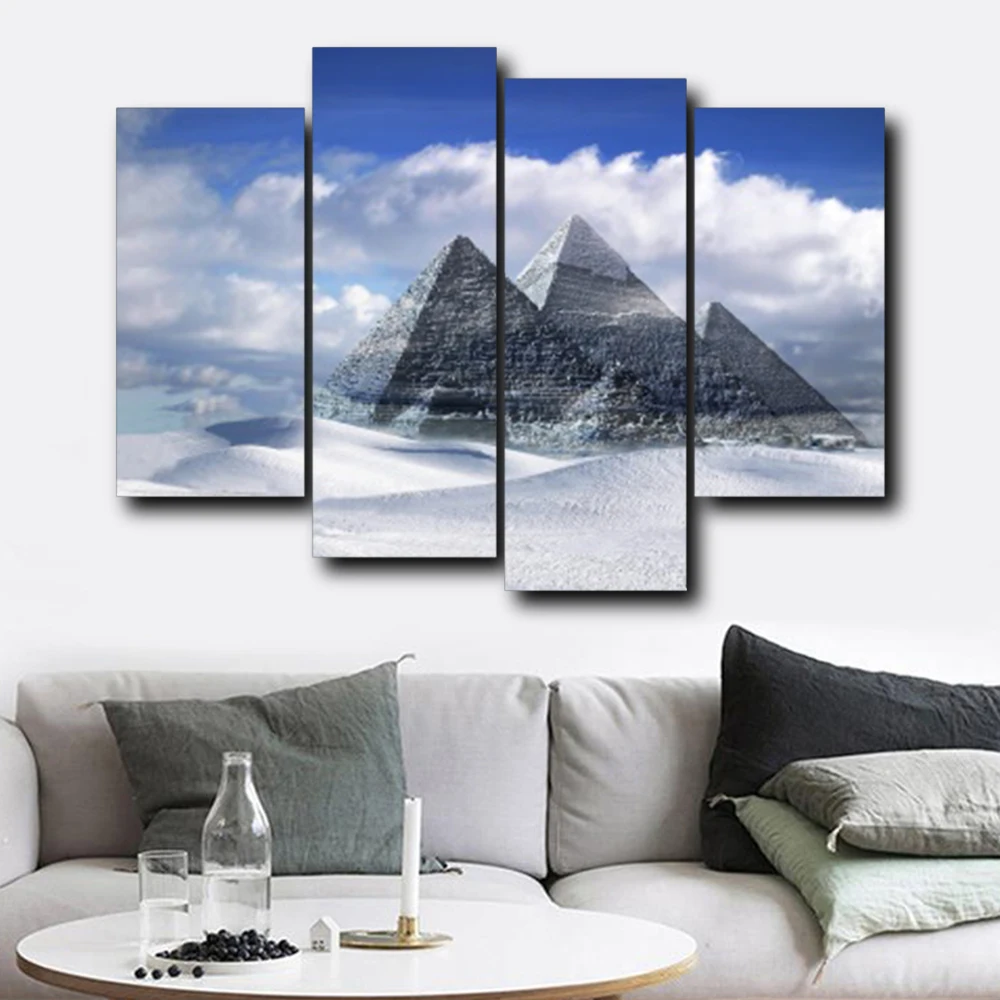 

Laeacco 4 Panel Places of Interest Wall Artwork Winter Pyramid Posters and Prints Living Room Nordic Home Decor Canvas Painting