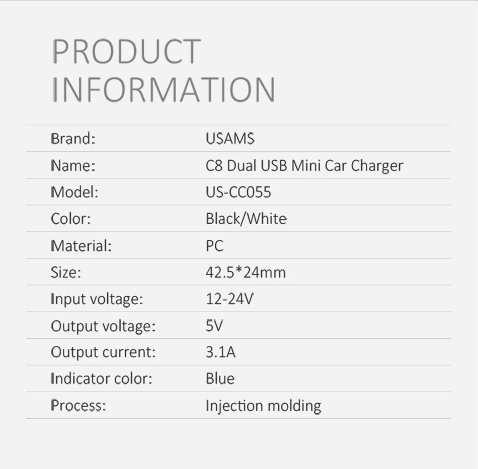 3.1A Мини Автомобильное зарядное устройство для iPhone samsung Xiaomi USAMS Быстрая автомобильная зарядка двойной USB автомобильный адаптер зарядного устройства для телефона зарядное устройство для мобильного телефона