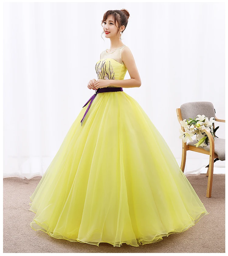 Ярко желтое Тюлевое длинное вечернее платье с круглым вырезом и аппликацией на