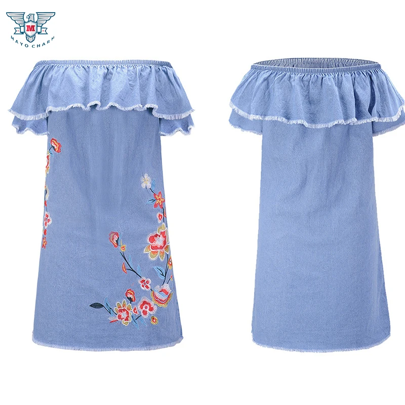 Элегантное джинсовое мини-платье с цветочной вышивкой vestidos открытыми плечами