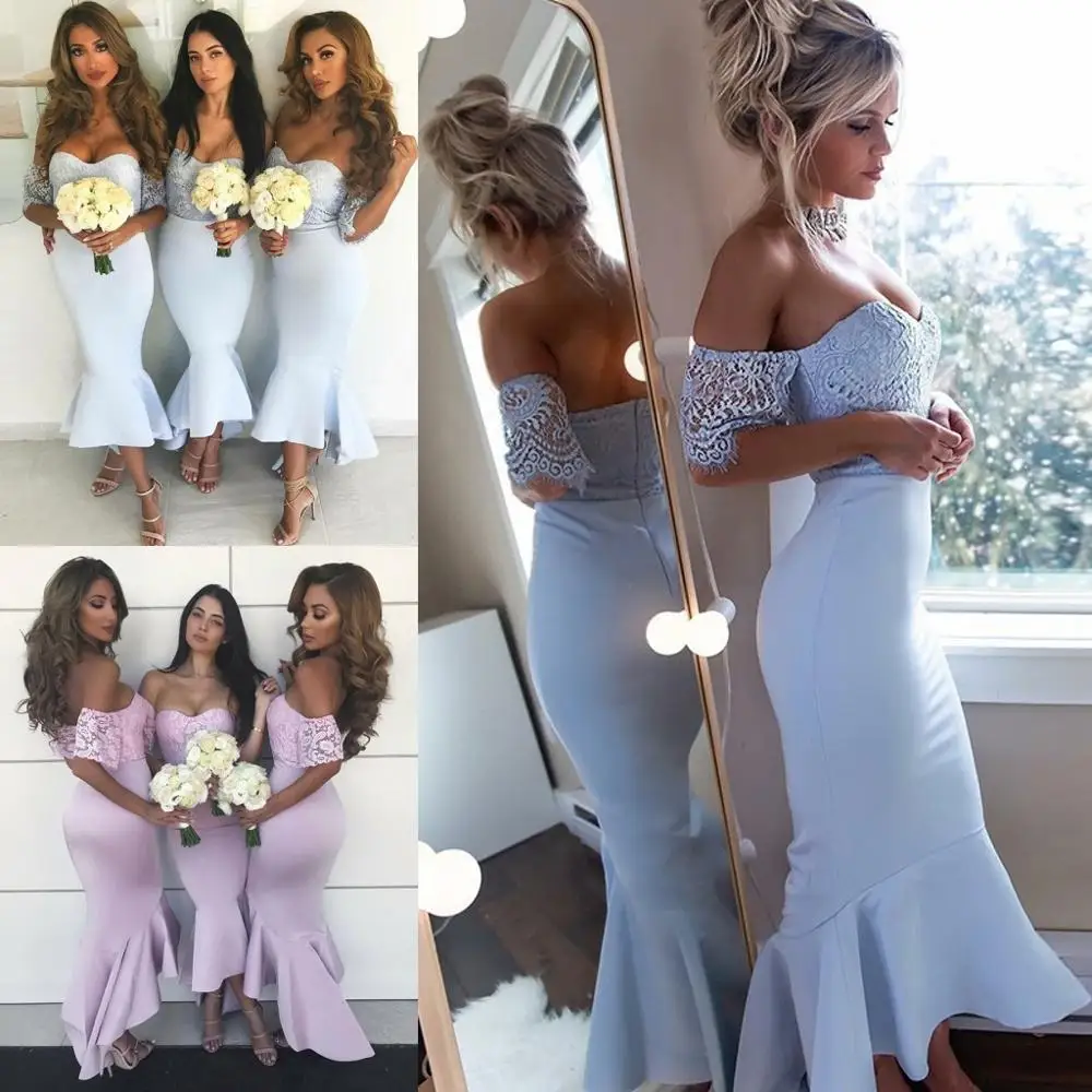 

Bridesmaid Dresses 2019 Mermaid Sweetheart Short Sleeves Hi Lo Honor of Maid Gowns Lavender Sky Blue Wedding Party Dress