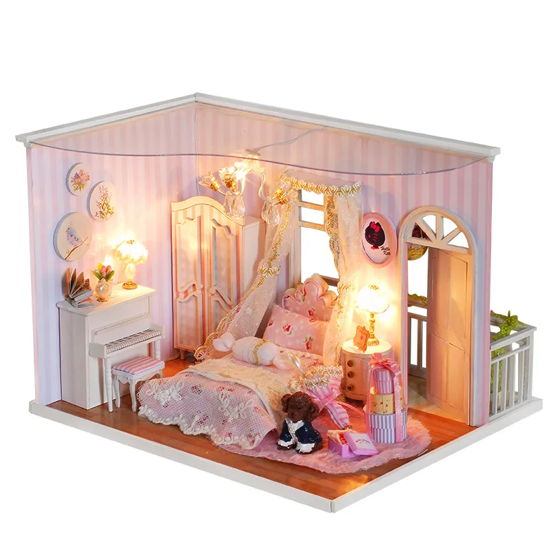 CF02 no cover Элегантный DIY кукольный домик с мебелью 3D креативная деревянная модель ручной работы кукольный дом подарок на день рождения Дети розовые воспоминания игрушки CF02# D - Цвет: CF02 no cover