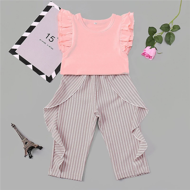 SHEIN/топ с оборками и штаны в полоску для малышей; комплект повседневной одежды для девочек-подростков; коллекция года; корейский модный костюм; детская одежда