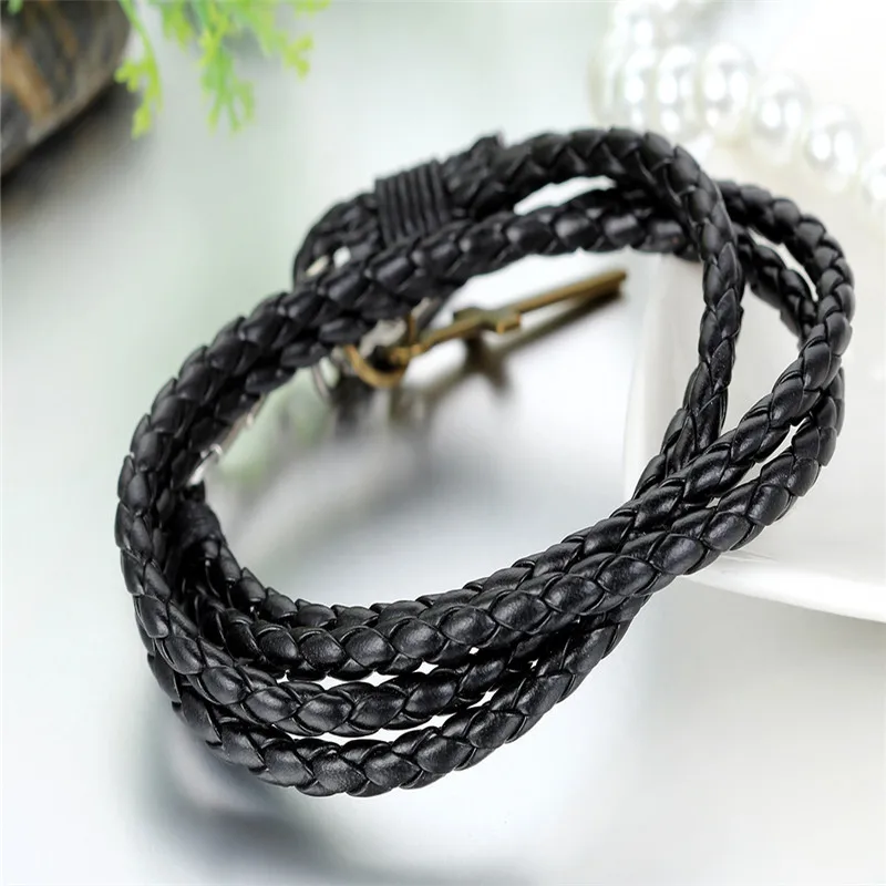 Мужской многослойный Плетеный браслет черный кожаный с крестом винтажная
