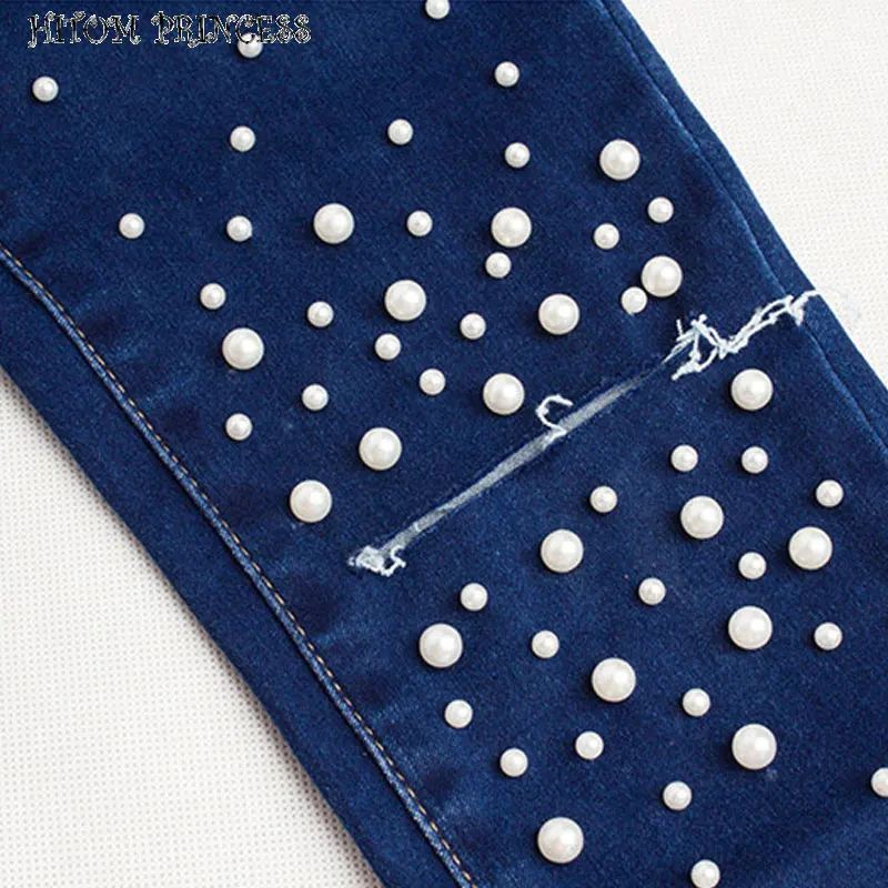 HITOM PRINCESS Streetwear Pearl Beaded Hole Ripped Denim Jeans Female Destroyed Skinny High Waist Women Pencil Pants Plus | Женская