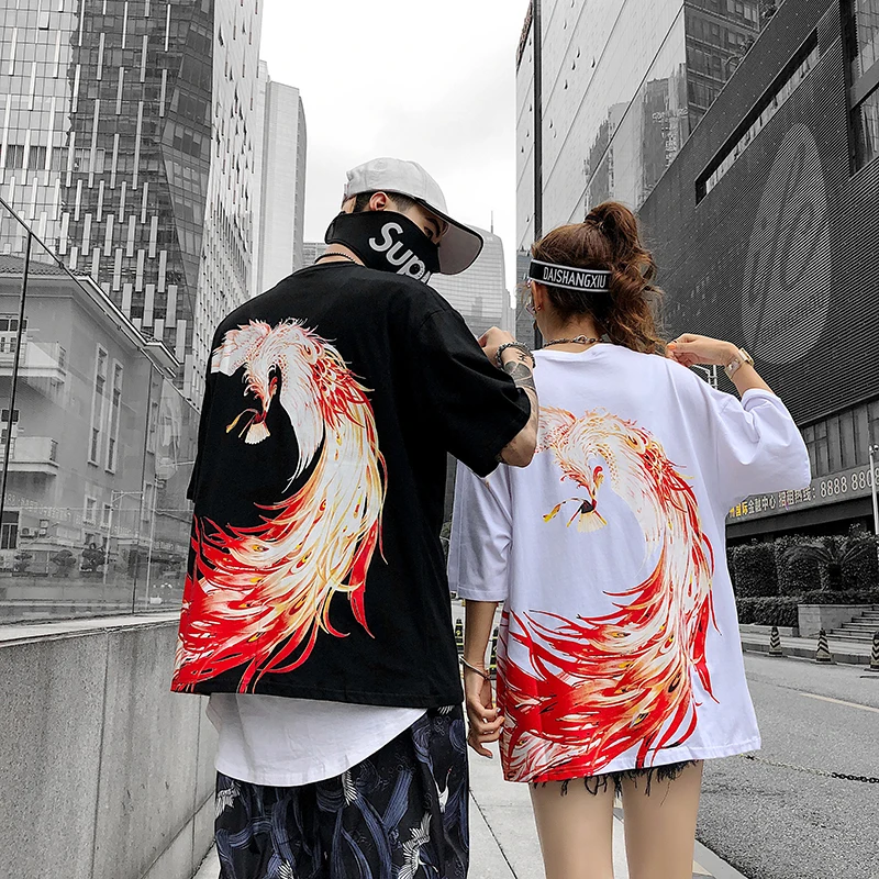 Японская уличная Футболка Harajuku с принтом Феникс, Мужская модная забавная футболка, Мужская хлопковая футболка, футболка в стиле хип-хоп