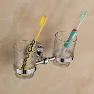 double cup holder Роскошный держатель для полотенец, настенный набор аксессуаров для ванной комнаты, керамический набор из нержавеющей стали для ванной, хромированный держатель для туалетной щетки - Цвет: double cup holder