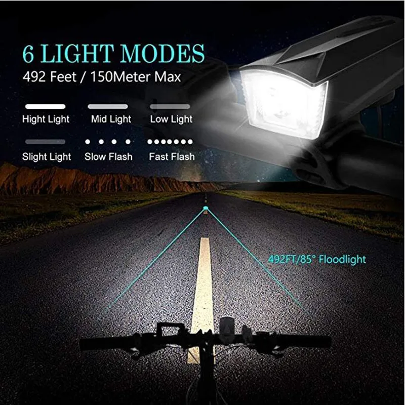 LED Bicycle Headlight Waterproof USB Rechargeable Horn Light Multifunction Ultra Bright Electric 120 dB Bike Bell | Спорт и
