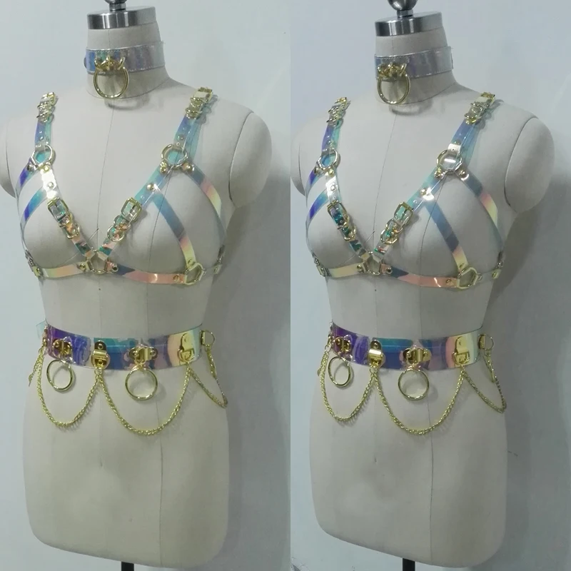 

100% Handcrafted Holographic PVC Choker Gold Metal Bra Crop Top Bondage Laser Rainbow Waist Belt Chains Cosplay