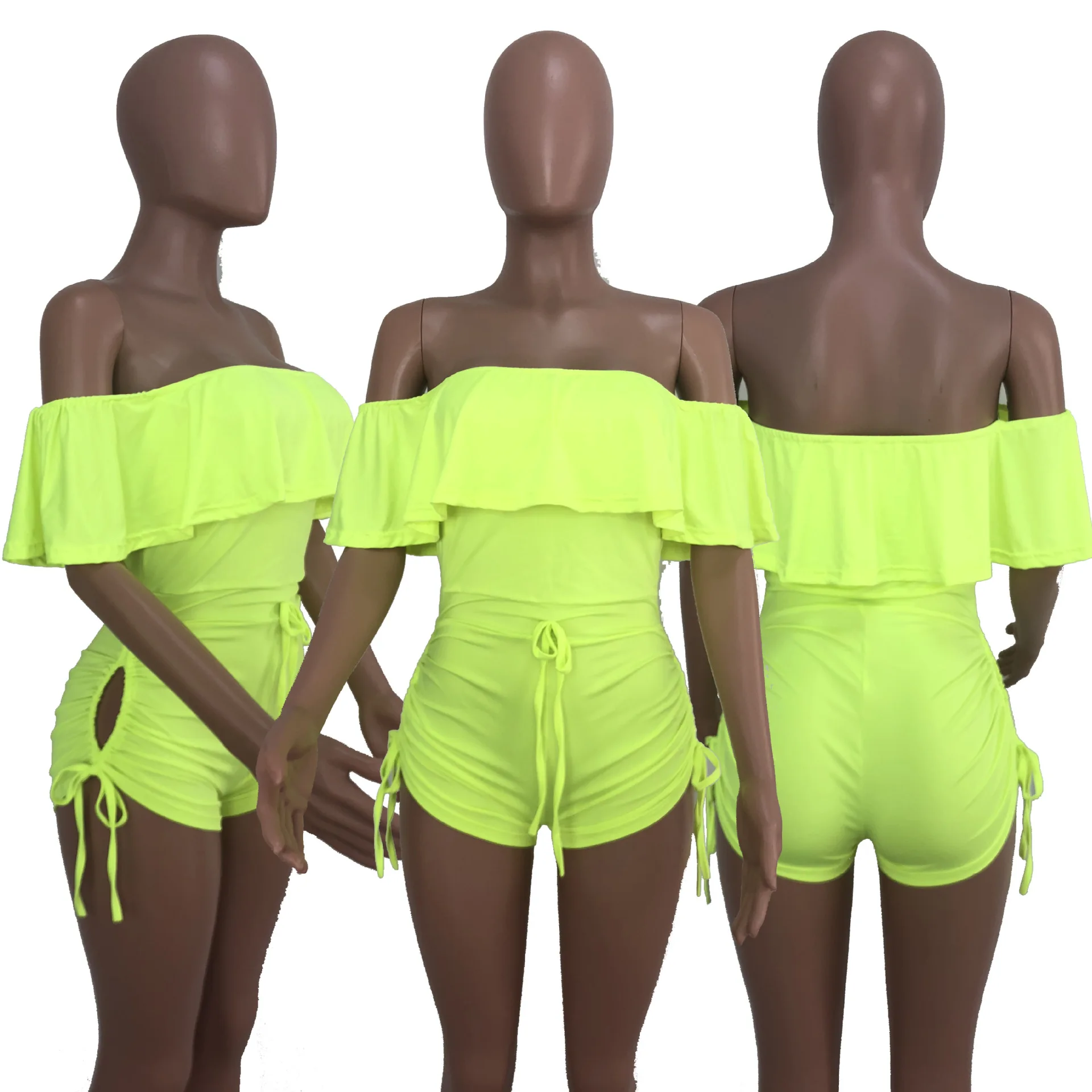 

HAOOHU Off Shoulder Sexy Ruffles Playsuit Streetwear Neon Green Drawstring Ruched Bodycon Rompers Women Jumpsuit Short Overalls