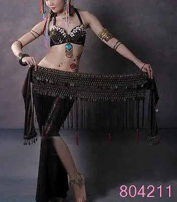 Женский набедренный костюм для танца живота с бахромой и медными монетами 3 цвета