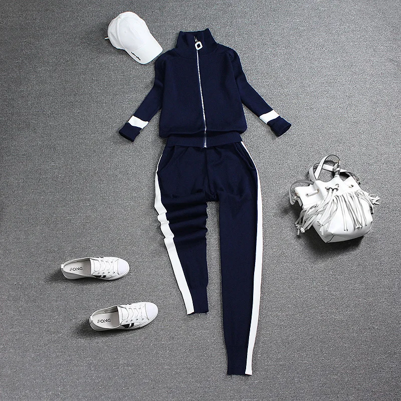 dark blue Женский трикотажный брючный костюм осенний зимний спортивный костюм женский комплект 2 шт. куртка на молнии и полосатые узкие брюки - Цвет: dark blue