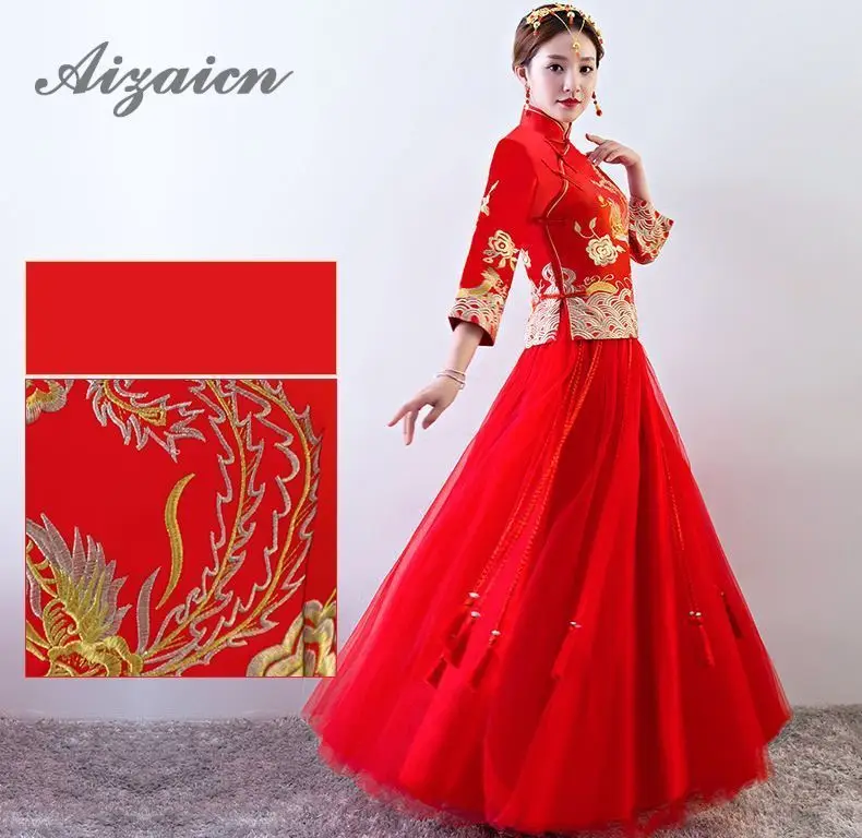 Красный дракон феникс длинный Cheongsam Современная Невеста женится винтажное платье Qi Pao женское традиционное китайское свадебное платье халат Ципао
