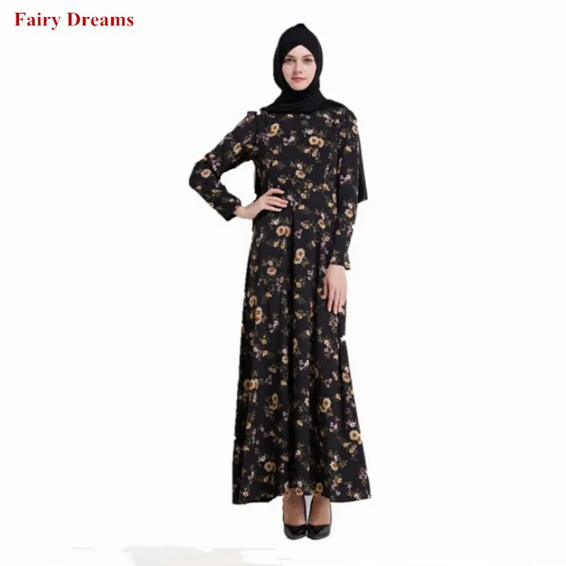 Женское мусульманское платье с цветочным принтом Abaya черное элегантное Кафтан из