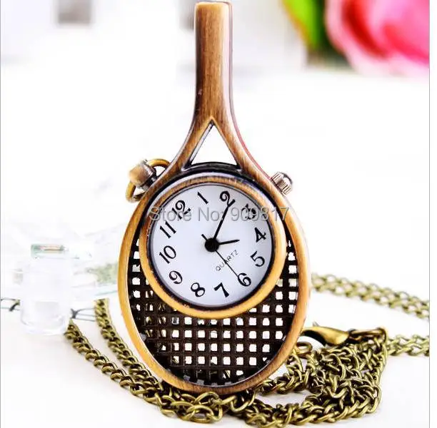 

10 pcs /lot Vintage Bronze tennis racquet quartz Pocket watch necklace Children women gift
