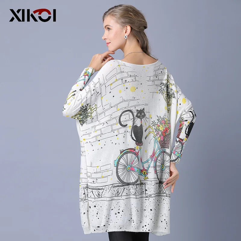 XIKOI Woman Oversize Sweater Winter Long Cat Bicycle Print Casual Coat Batwing Sleeve Pullovers Clothing | Женская одежда