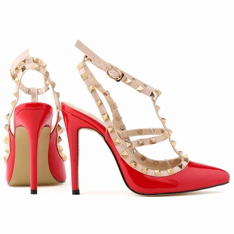 2017 Fashion Party Women's Pumps Shoes Pointed Top Patent Leather Buckle Strap Women sandals New Rivet OL Thin High-heeled 11 cm | Обувь