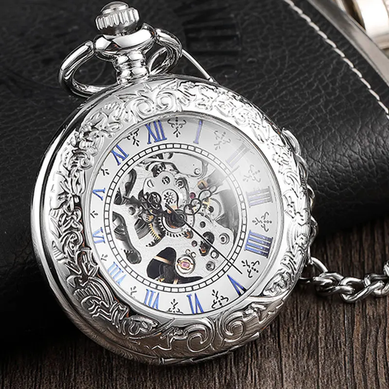 Vintage Silver Delicate Engraved Case Steampunk Hand Wind Mechanical Pocket Watch Necklace With Chain Skeleton For Men Women