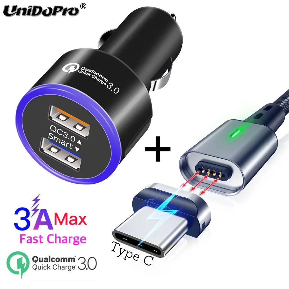Быстрая зарядка QC 3 0 Автомобильное зарядное устройство + Магнитный кабель типа C