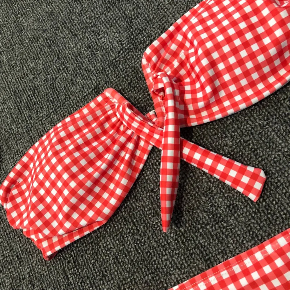 Женский купальник в красную клетку с v образным вырезом пуш ап бюстгальтер