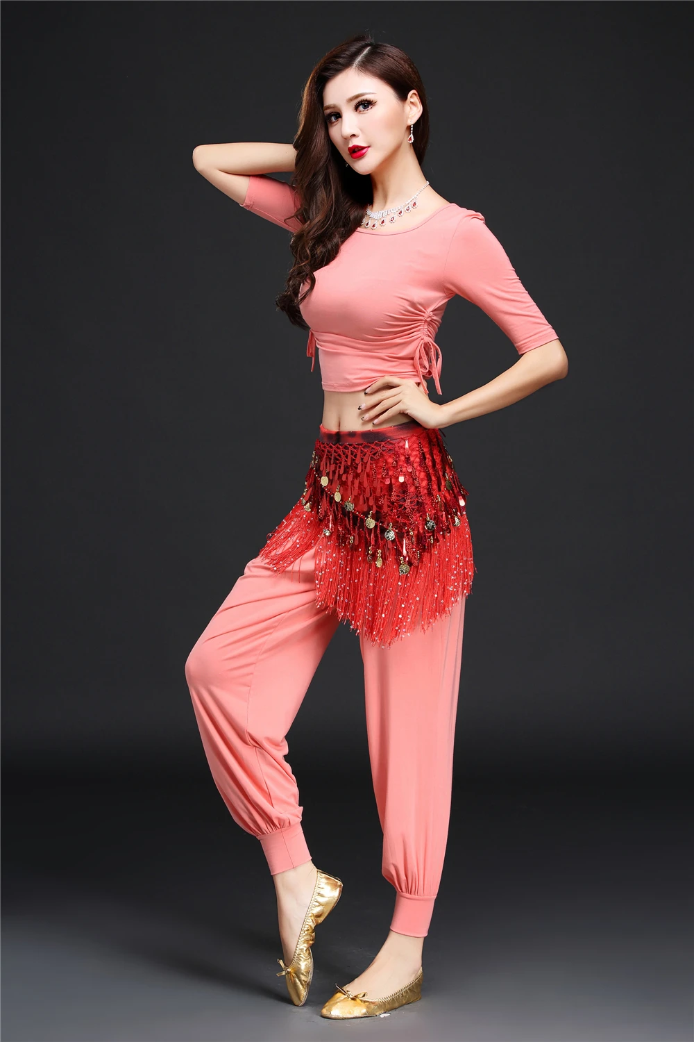 Salmon Pink 3PCS Танец живота: футболка, штаны, пояс Luxuy 2/3 предмета в комплекте для Для женщин бальных танцев блузка Египет/Gypsy/индийская одежда цветение штаны с резинкой на талии цепи - Цвет: Salmon Pink 3PCS