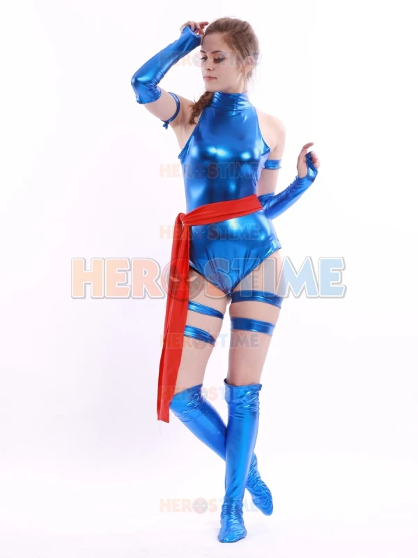 Синий блестящий женский костюм Psylocke Ninja супергероя для косплея X Men самый