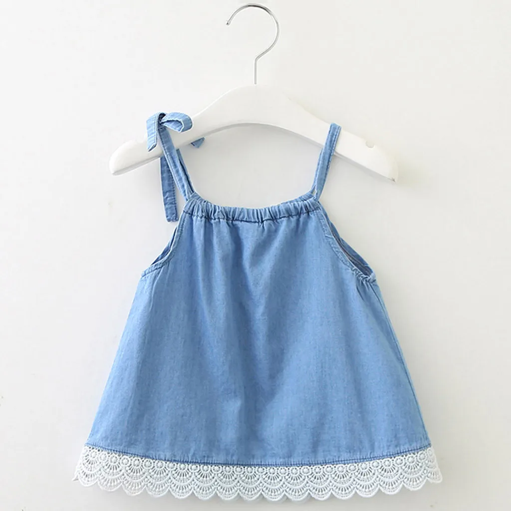 Летние комплекты одежды для девочек Одежда маленьких джинсовый кружевной жилет