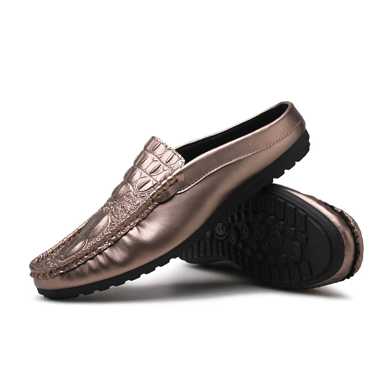 JKPUDUN Mens Summer Crocodile Shoes Casual Leather Slipon Loafers Luxury Italian Brand Half For Men Breathable Gold | Обувь